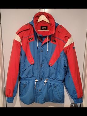 Vintage ASICS Blue & Red Hooded Ski Jacket Made In Japan